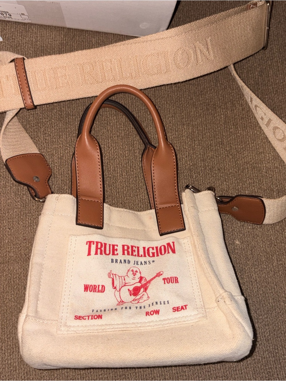 True Religion Cream Canvas Mini Tote with Brown Handles and Red Logo